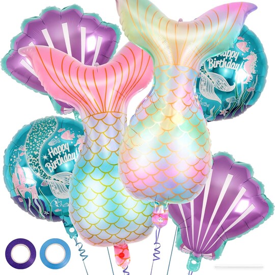 Citrus; 6-Piece Mermaid Balloon Set – Mermaid Tail, Seashell & Round Foil Balloons for Ocean-Themed Birthday Parties, Baby Showers, and Party Decorations (Pink, Blue, Purple); Category:Foil Balloons; Image:1